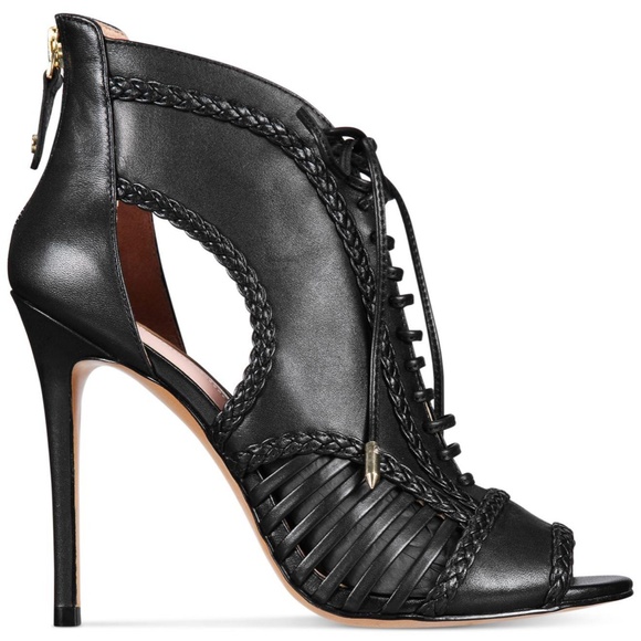 Avec Les Filles Black Joyce Lace Up Open Toe Stiletto Heel Pump Booties Shooties - Picture 3 of 13